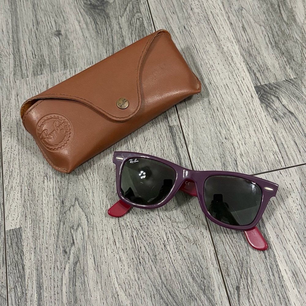 Ray-Ban Purple Frame Sunglasses with Pink Temples and Black Lenses